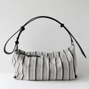 Minimal Hobo Bag Knot Strap Full Grain Cow Leather Pure Linen Women Underarm Crossbody Shoulder Handbag