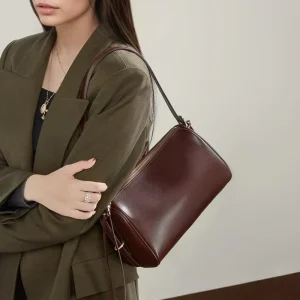 Minimalist Boston Bag Luxury Smooth Genuine Leather Burgundy Cylinder Underarm Shoulder Purse Women Handbag