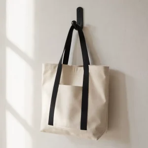 Minimalist Heavy Duty Waterproof Cotton Canvas Tote Bag Zipper Closure Contrasting Black Webbing Handles Large Capacity Reusable