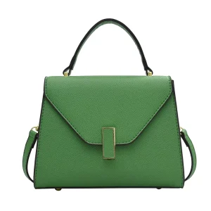 Minimalist Metal Lock Flap Satchel Bag Women Pebbled Faux Leather Top Handle Crossbody Handbag