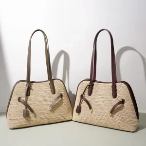 Minimalist Straw Woven Tote Bag Multi Color with Genuine Leather Trim Drawstring Detail Casual Daily Shoulder Bag