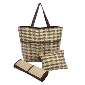 Modern Design Brown Grid Straw Beach Bags Big Capacity Beach Tote Bag Paper Straw Beach Set Bag With Pillow and Straw Mat