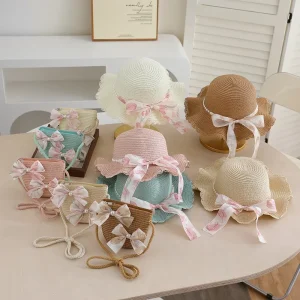 Mommy Kids Straw Hat Set Elegant Pearl Floral Ribbon Wavy Brim Sun Hats with Matching Bag for Women Girls Summer Beach Vacation