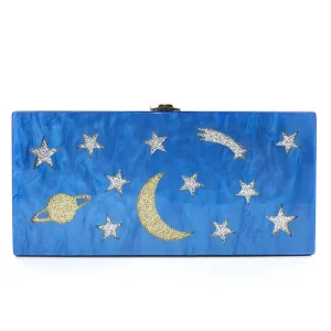 Moon and Stars Gold and Silver Glitter Sparkling Blue Marble Acrylic Clutch Bag Ladies Evening Bag