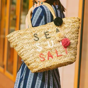 Moroccan Straw Shoulder Bag Ladies Big Capacity Summer Beach Bag with Pom Pom Embroidery Custom Logo Bag