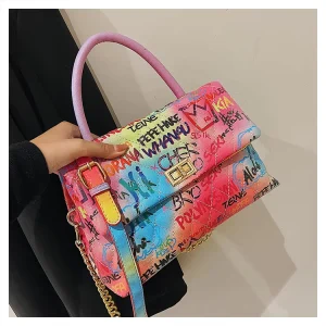 Multi Color Female Graffiti Fashion Bag PU Leather Chain Shoulder Purse and Hand Bag