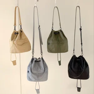 Multi Color Nylon Drawstring Bucket Bag for Women Adjustable Strap Zipper Pocket Casual Crossbody Bag