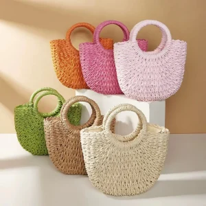Multi color Mini Semi circle Hand woven Women Summer Retro Beach Tote Shoulder Straw Bag Crossbody Travel Beach