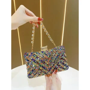 Multicolor Rhinestone Fashion Clutch Bag for Women Wedding Evening Bridal Prom with Chain and Polyester Lining