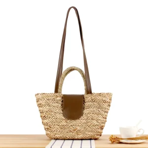 Natural Grass PU Splicing Hand Woven Beach Shoulder Bag Daily Casual Seaside Holiday Seagrass Straw Bag