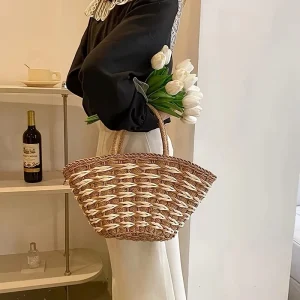 Natural Handmade Straw Beach Bag Striped Woven Tote Bag Summer Vacation Shopping Casual Basket Women Beach Handbag for Woman