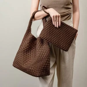 Neoprene Woven Tote Bag Woven Purse for Women Neoprene Top handle Weave Shoulder Bag Neoprene Weaving Hobo Handbag with Pouch