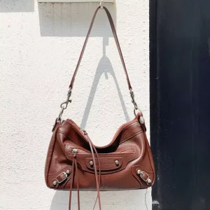 New Arrival Cowhide Leather Biker Tote Bag With Rivet High Quality Large Capacity Women Shoulder Crossbody Purse
