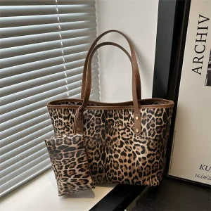 New Arrival Fashion Leopard Print Large Capacity Tote Bag With Pocket Purse 2pcs Set