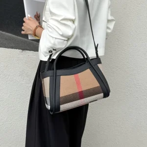 New Arrival Large Sized Ladies High Quality Genuine Leather Handbag Crossbody Bag Durable Two Canvas Colorful Check Pattern