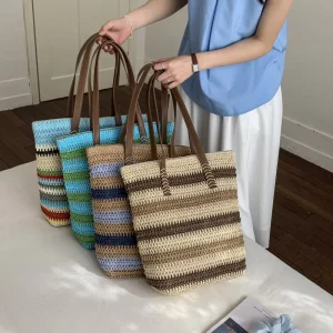 New Arrival Summer Colorful Straw Bags Outdoor Travel Beach Bag Large Capacity Straw Tote Bag