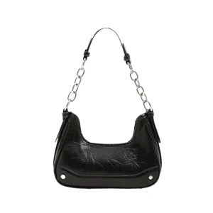 New Arrival Women Black PU Leather Hobo Underarm Bag with Silver Chain Strap Fashion Crescent Shoulder Purse for Daily Use