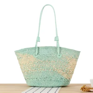 New Arrival Women Large Capacity TWO Shoulder Handbags Gradient Blue Color Hand Woven Beach Straw Tote Bags