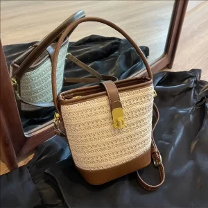 New Arrival Women’s Trendy Vintage Straw Bucket Handbag Lock Closure All Match Shoulder Crossbody Woven Polyester Lining