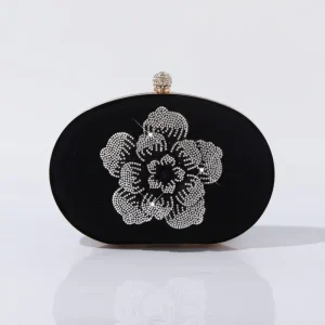 New Arrivals Women’s Fashionable Beaded Embroidered Floral Clutch Bag Elegant Evening Handbags Black Party Rhinestone Shoulder