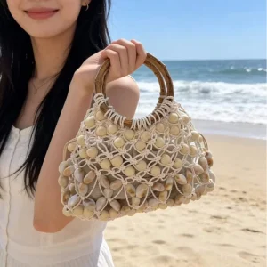 New Beaded Handmade Woven Open Closure Women’s Hollow Shell Decoration Bamboo and Straw Bucket Beach Handbag