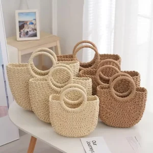 New Bohemian Handheld Straw Woven Ladies Tote Bag Handmade Versatile Women’s Beach Vacation Bag