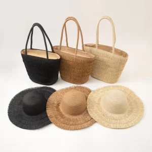 New Boho Stylish Women Summer Straw Hats Beach Tote Bags Set Paper Straw Shoulder Bag Woven Designer Handbag with Tassel