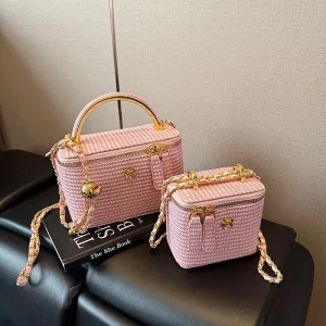 New Box Crossbody Shoulder Bag for Women Summer Handwoven Top Handle Handbag With Cute Chain