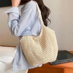 New Casual Seaside Beach Shoulder Bag Handmade Large Capacity Holiday Woven Hollow Two Handles Open Top