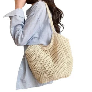 New Casual Seaside Beach Tote Bag Hand woven Polyester Large Capacity Holiday Woven Hollow Design Spring Open ended