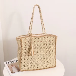 New Casual Tote Open Straw Handbag with Hollow Out Crocheted Flowers Handmade Woven Summer Beach Polyester Lining