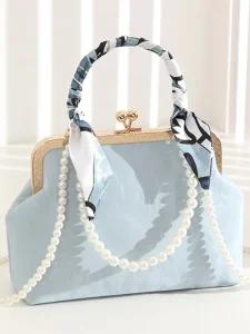 New Chinese Shell Small Square Women’s Shoulder Crossbody PU Zipper Evening Bag with Pearl for Hanfu Suit