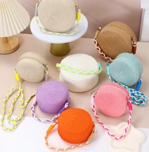 New Color Rope Woven Seaside Beach Vacation Straw Summer Girls Round Crossbody Purse Travel Bag