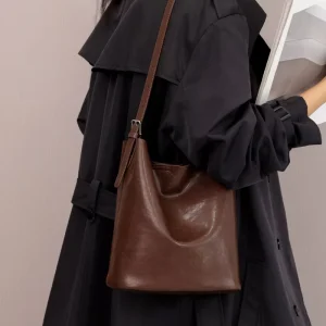 New Cowhide Leather Bucket Bag Women Genuine Leather Fashion Vintage Shoulder Crossbody Retro Handbag