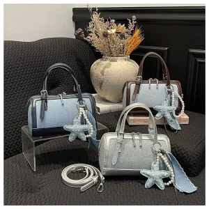 New Denim Boston Bag for Women Sparkly Rhinestone Handbag with Star Charm PU Leather Crossbody Shoulder Bag for Daily