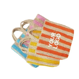 New Design Custom Logo Women Outside Lightweight Beach Straw Bags Double Handle Stripe Summer Rattan Grass Woven Tote Handbags