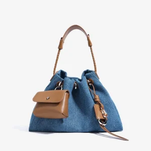 New Design Fashion Cowhide Leather with Denim Material Women’s Handbag Casual Ladies Underarm Tote Shoulder Bags