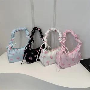 New Design Large Capacity Single Shoulder Floral Bag Autumn Pleated Underarm Sweet Drawstring Polyester