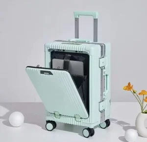 New Design Multifunction Front Opening Cover Luggage Carry On Travel Suitcase with USB Charger and Cup Holder