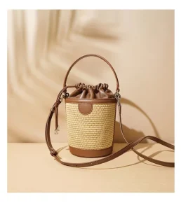 New Design Stylish Minimalist Genuine Leather Handbag Genuine Leather Canvas Straw Plaited Crossbody Shoulder Bag Bucket Handbag