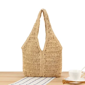 New Design Women’s Handmade Crochet Straw Woven Bag Casual Handle Polyester Lining Holiday Travel Beach Use