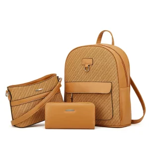 New Designer PU Leather Woven Casual Backpack Crossbody Bag Wallet Set Fashion Women’s Three Piece Backpack Set