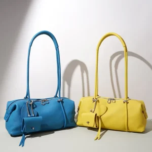 New East West Bag Fashion Genuine Leather Shoulder Bag for Women Barrel Bag with Detachable Mini Pouch