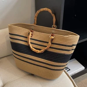 New Eco friendly Women’s Large Capacity Tote Bag Open Polyester Straw Weave Mexican French Basket Style Beach Use