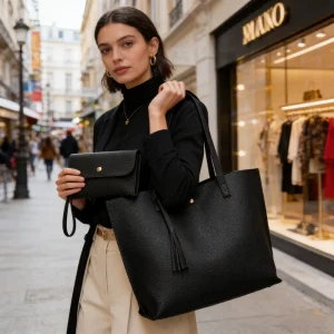 New Elegant Brown Tote Bag with Matching Clutch Large Capacity Pu Leather Shoulder Bag for Work Daily Lichee Pattern