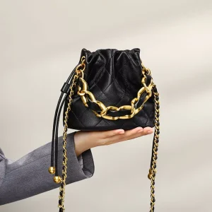 New Elegant Leather Bucket Bag Chain Versatile Small Soft Drawstring Crossbody