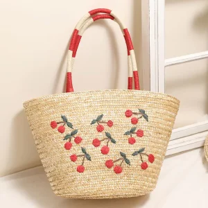 New Embroidered Cherry Shoulder Straw Bag Fashionable Large Capacity Zipper Bag Vacation Beach Handbag