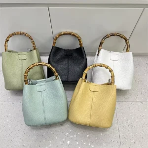 New Fashion Bamboo Handle Solid Color Women Bucket Bag PU Leather Crossbody Bag for Spring Summer Minimalist Trend Handbag