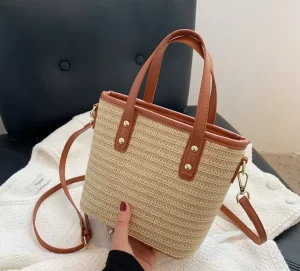 New Fashion Design Weaving Hand Made Tote Women Handbag Beach Straw Bag with Leather Handle
