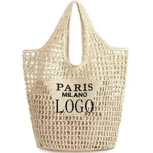 New Fashion Designer Letters Woven Bags Custom Logo Women Shoulder Mesh Straw Tote Bag Large Hollow Straw Beach Bag